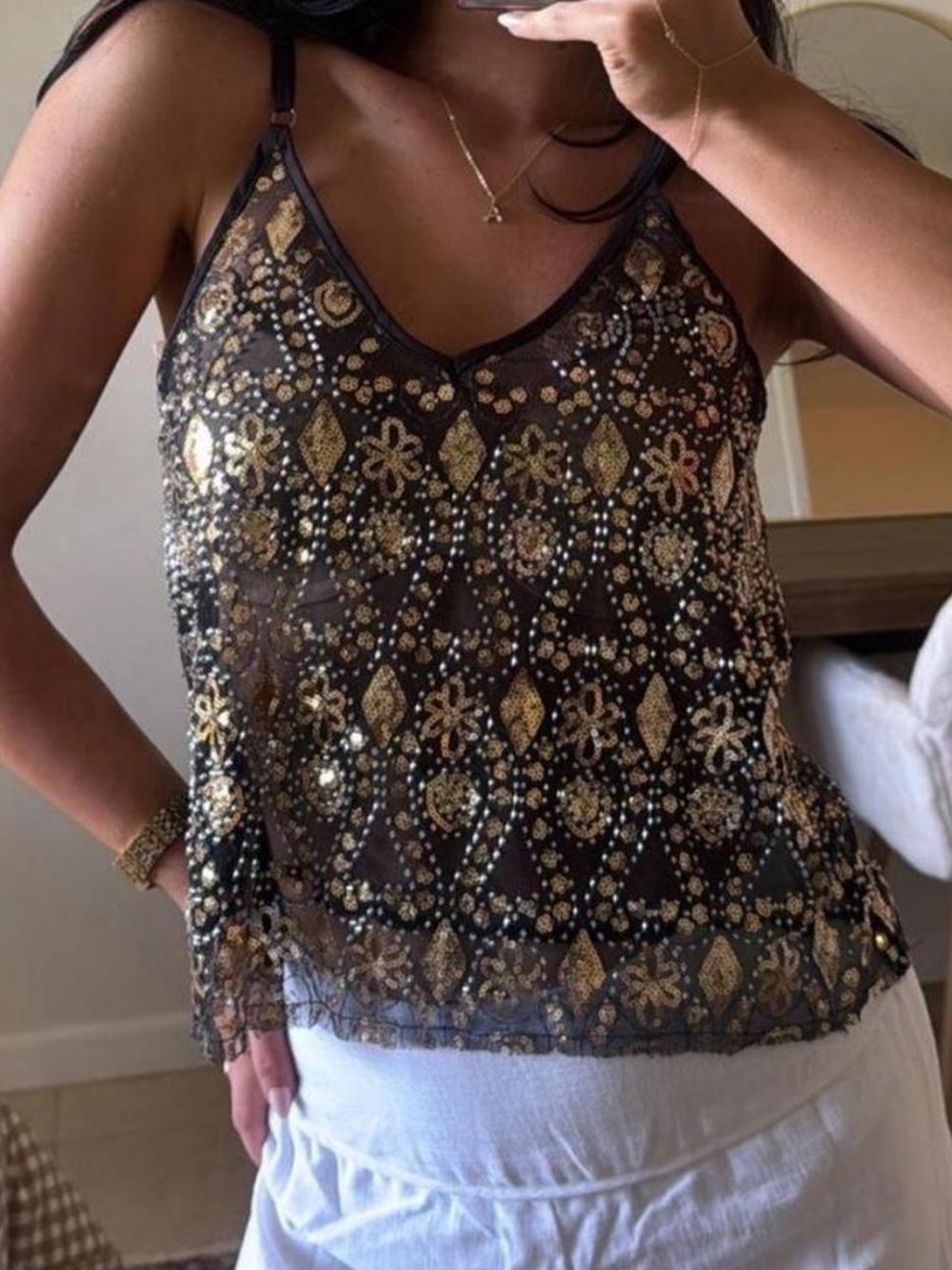 Black & Gold Beaded V-Neck Sleeveless Top